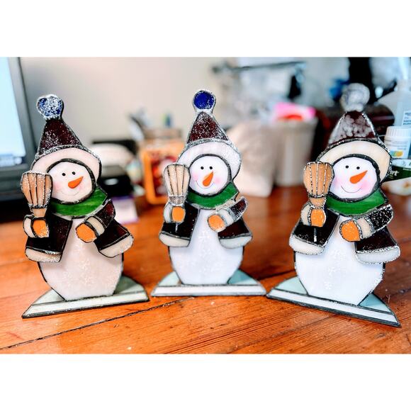 Snowman Tabletop Decor Set 5 Stained Glass Christmas Holder Candle - Picture 1 of 7